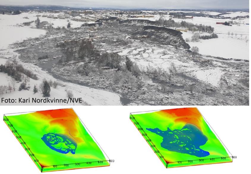 A landslide has occured in a wintery landscape. Datasimulations shown below the image. 