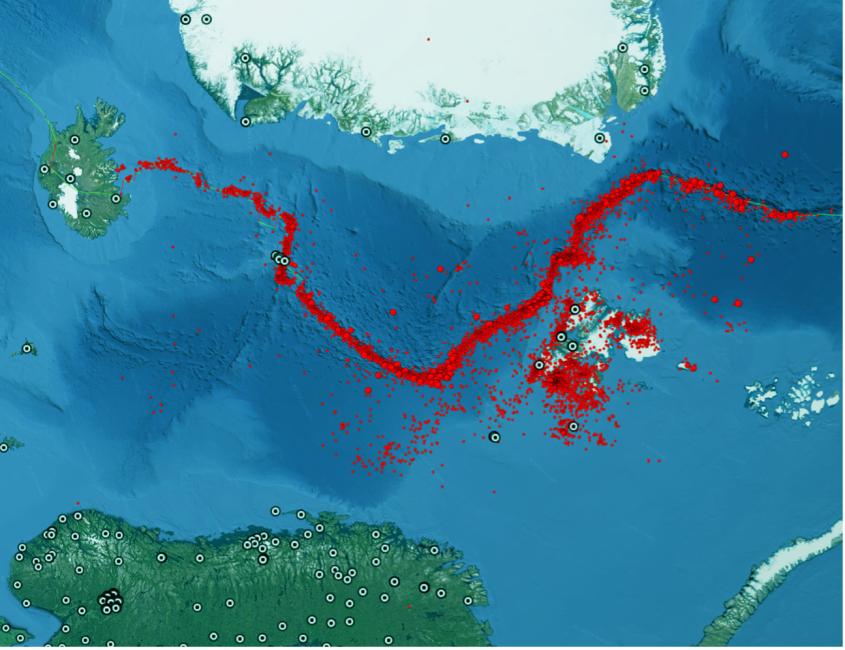 Map of the region between Jan Mayen and the North Pole, showing earthquakes and seismic stations.