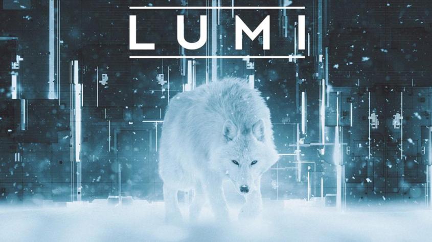 A white wolf in snowy weather with the text LUMI written in large letters above. 