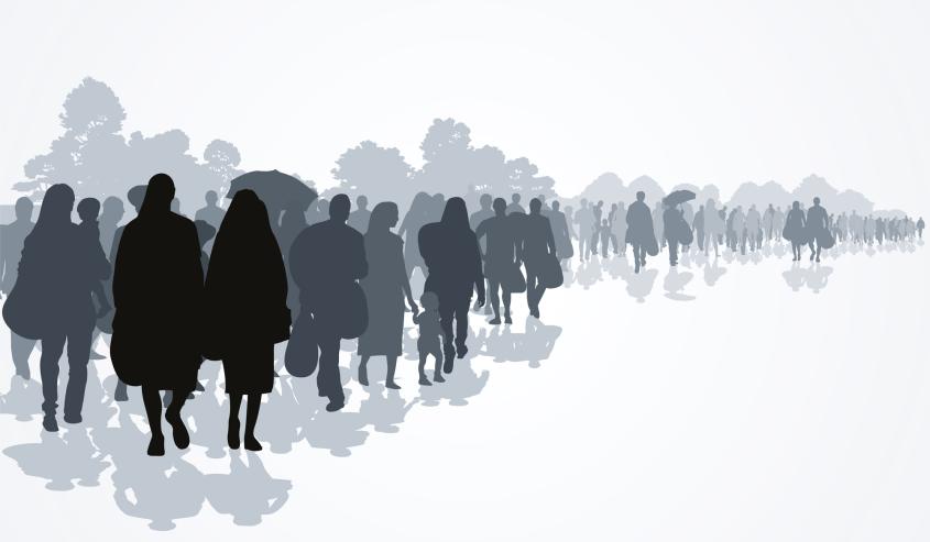 Sillhoutte of immigrants searching for a new place to live.