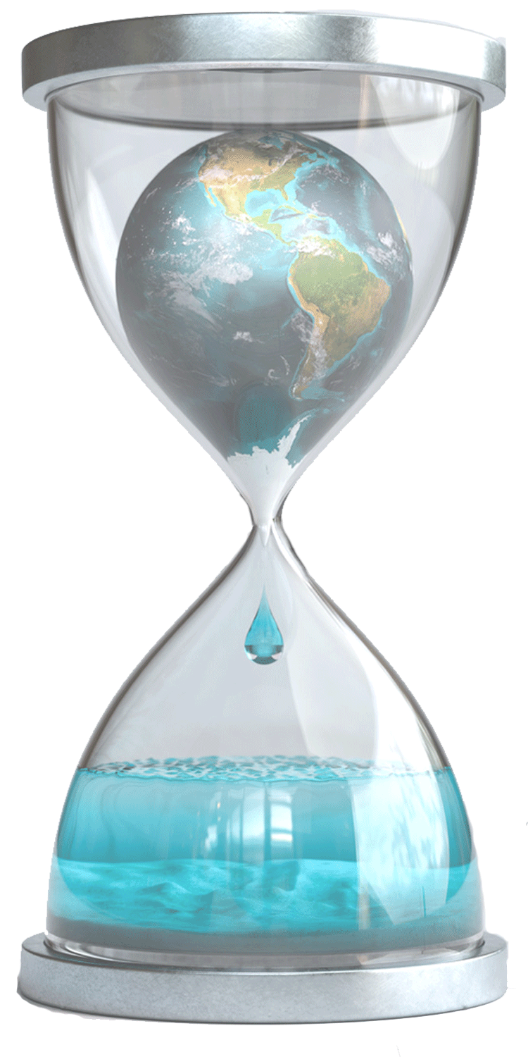 Time is running out shown as as hourglass with the earth trickling into water. 