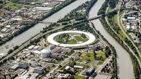 Aerial photo of the European Synchrotron Radiation Facility (ESRF) in Grenoble, France.
