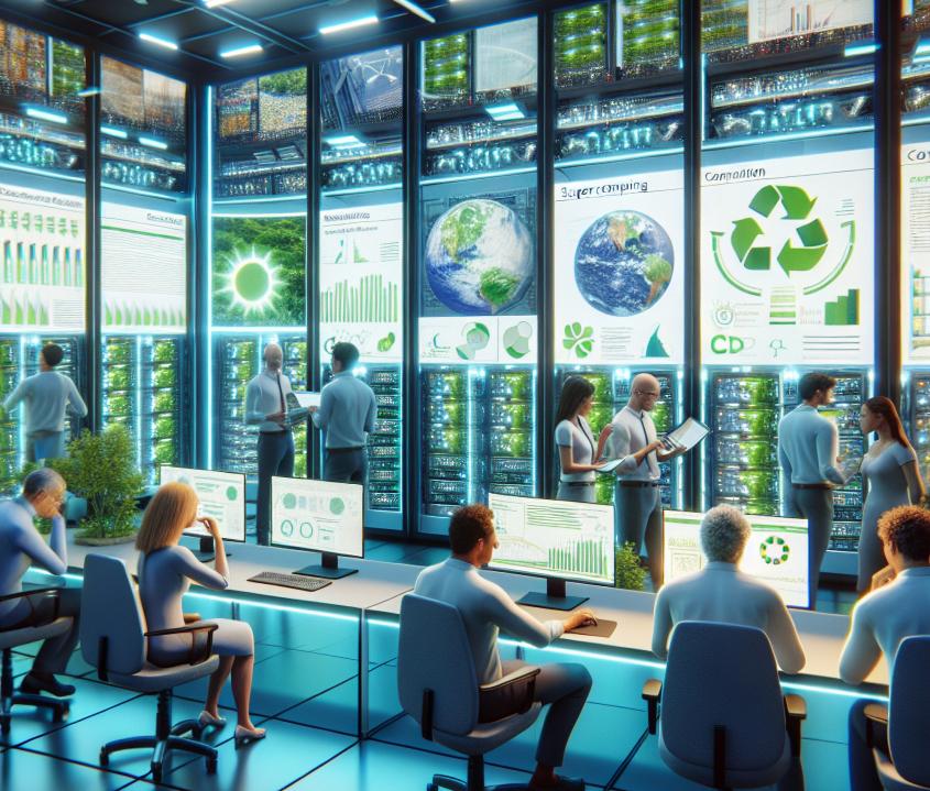 Researchers working on climate research in a futurstic data center.