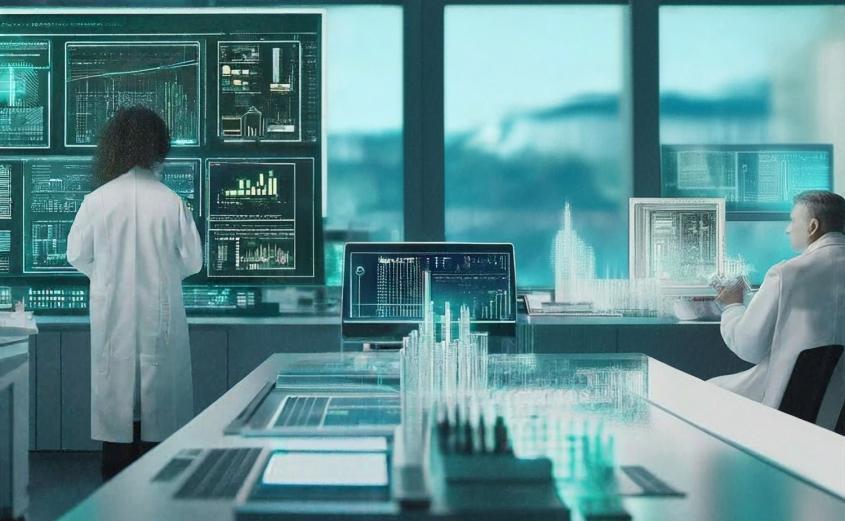 Illustration of researchers working in a futuristic office.