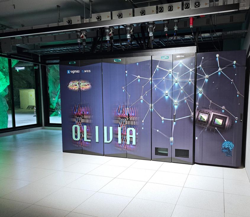 Supercomputer Olivia inside the Sigma2 data hall at Lefdal Mine Data Centers.