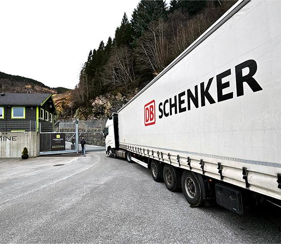 Close up of a truck arriving at Lefdal Mine Data Centers. 