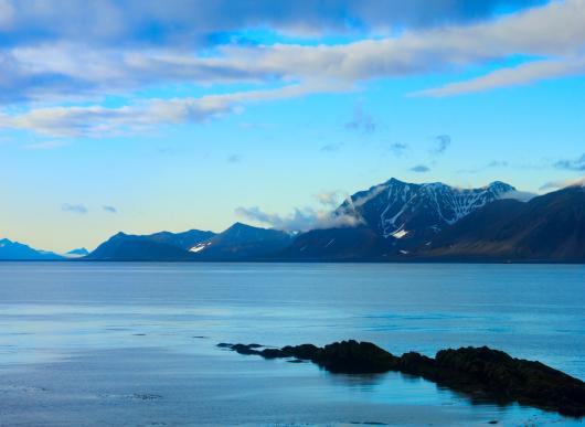Arctic landscape of sea and mountains.