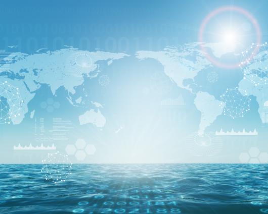 A world map with abstract concepts floating above the sea.