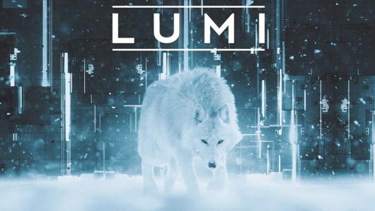 A white wolf in snowy weather with the text LUMI written in large letters above.