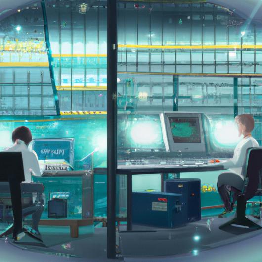 Illustration of researchers working in a futuristic office environment. 