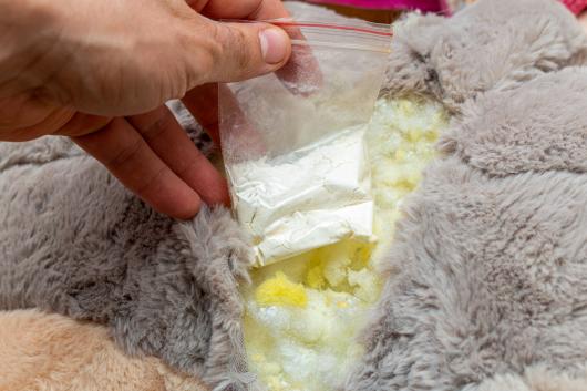 A hand extracting a small bag with white powder from a teddy bear.