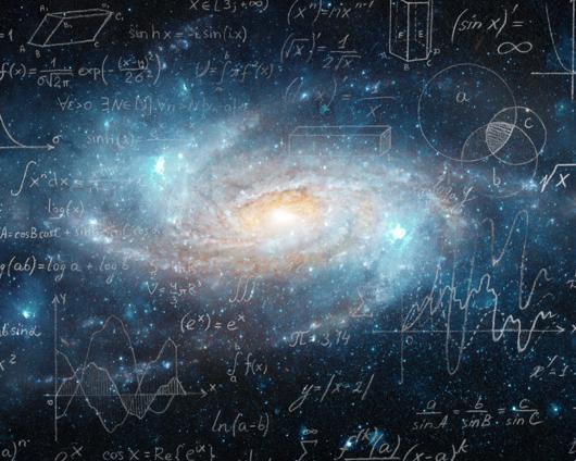 Illustration of a galaxy with lots of mathematical formulas written in the foreground. 