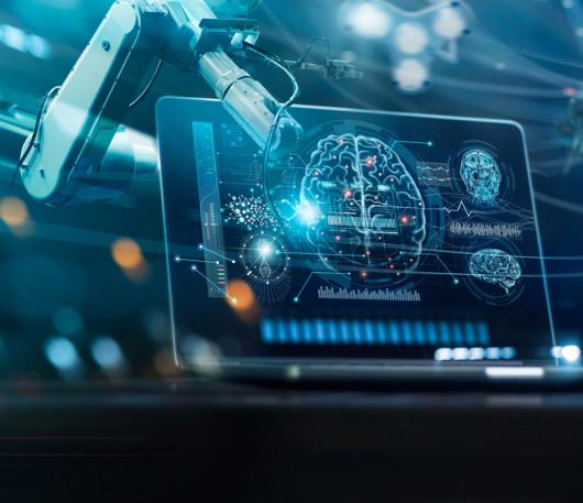 An abstract concept with a robotic arm holding a computer screen with a digitally displayed human brain