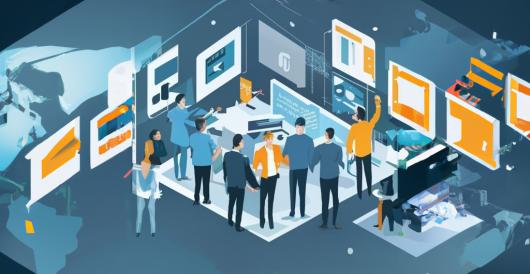 Illustration of people collaborating in a technological environment.