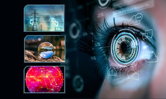Collage displaying an eye and elements conveying research surrounding it.