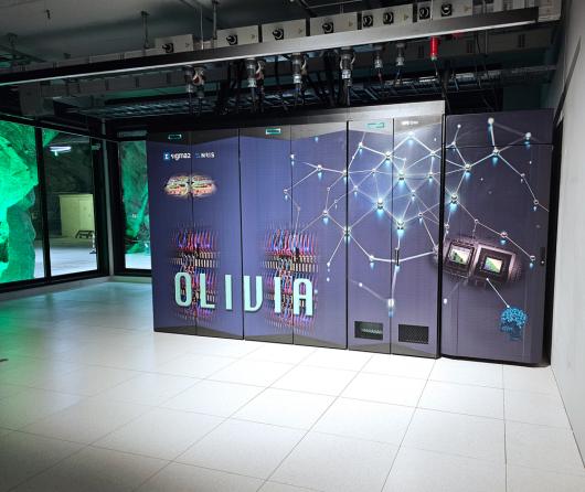 Supercomputer Olivia inside the Sigma2 data hall at Lefdal Mine Data Centers.