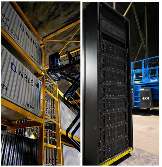 Close up of containers and a data rack inside a data centre facility.