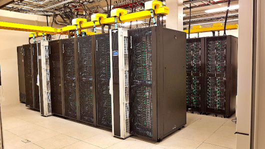A supercomputer consiting of many racks.