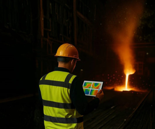 Operatør i industrimiljø ser på simuleringsresultater på et nettbrett ved en smelteprosess.