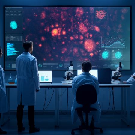Illustration of resaerchers looking at a screen displaying cells.