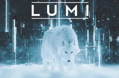 A white wolf in snowy weather with the text LUMI written in large letters above. 