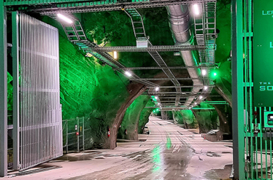An open gate lit with green lights leading into an underground tunnel. 