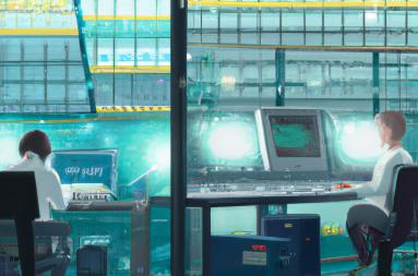 Illustration of researchers working in a futuristic office environment. 