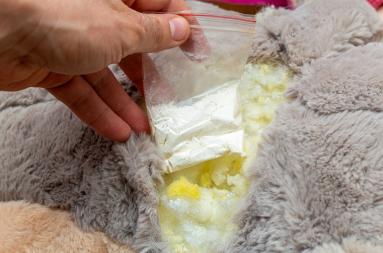 A hand extracting a small bag with white powder from a teddy bear. 