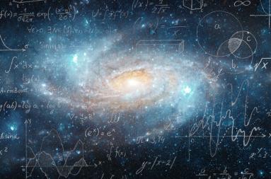 Illustration of a galaxy with lots of mathematical formulas written in the foreground. 