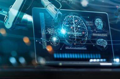 An abstract concept with a robotic arm holding a computer screen with a digitally displayed human brain 