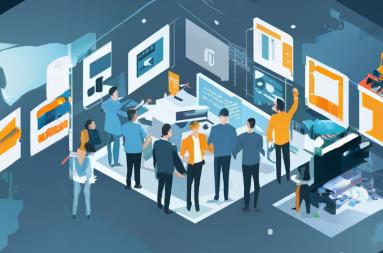 Illustration of people collaborating in a technological environment. 