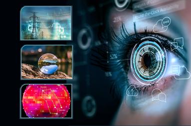 Collage displaying an eye and elements conveying research surrounding it. 