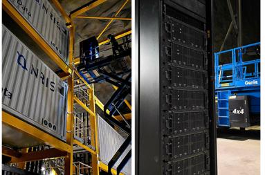 Close up of containers and a data rack inside a data centre facility. 