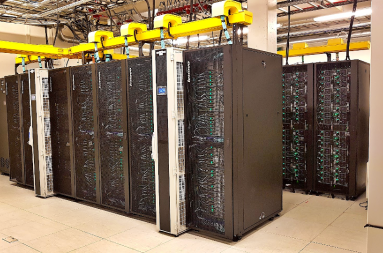 A supercomputer consiting of many racks. 