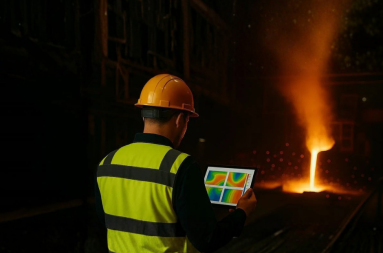 Operatør i industrimiljø ser på simuleringsresultater på et nettbrett ved en smelteprosess.