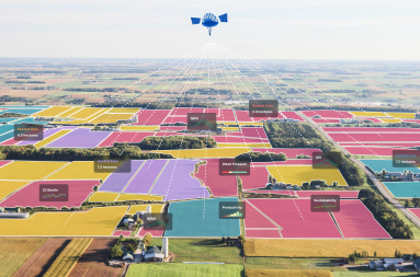 Image of a drone flying over a field spaced up in different colours.