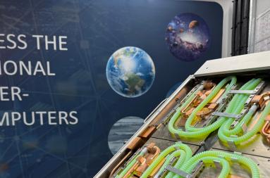Close up of a GPU in front of text stating "Access the National Supercomputers"